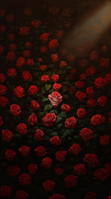 A dark field of red roses with a single smiling, cartoonish face emerging from the center, illuminated by a faint beam of light from above.