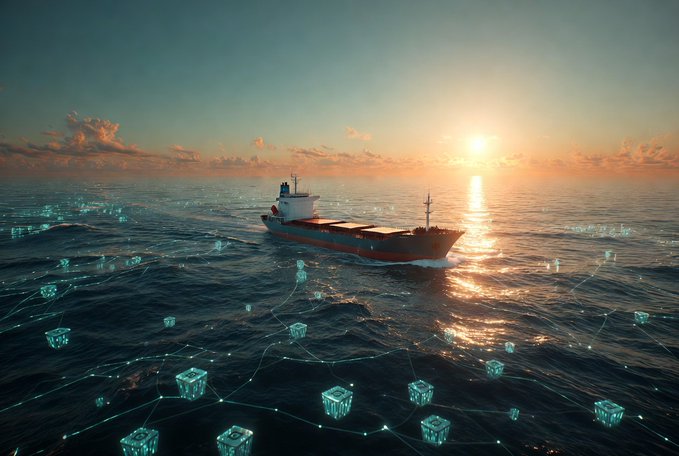 A cinematic sunset scene featuring a cargo ship on the ocean, with glowing networked cubes floating on the water's surface, suggesting a blockchain or technology theme.