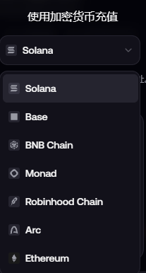 A mobile app interface displays a dropdown menu with the title '使用加密货币充值' (Top up with cryptocurrency) listing options including Solana, Base, BNB Chain, Monad, Robinhood Chain, Arc, and Ethereum.