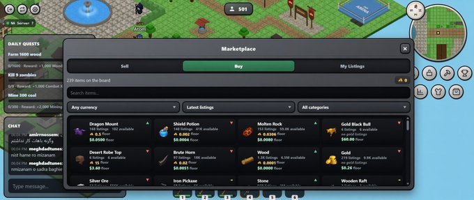 A screenshot of an online game's marketplace interface shows various items for sale, including "Dragon Mount," "Shield Potion," "Molten Rock," "Desert Robe Top," and "Brute Horn," each listed with prices in gold and silver.