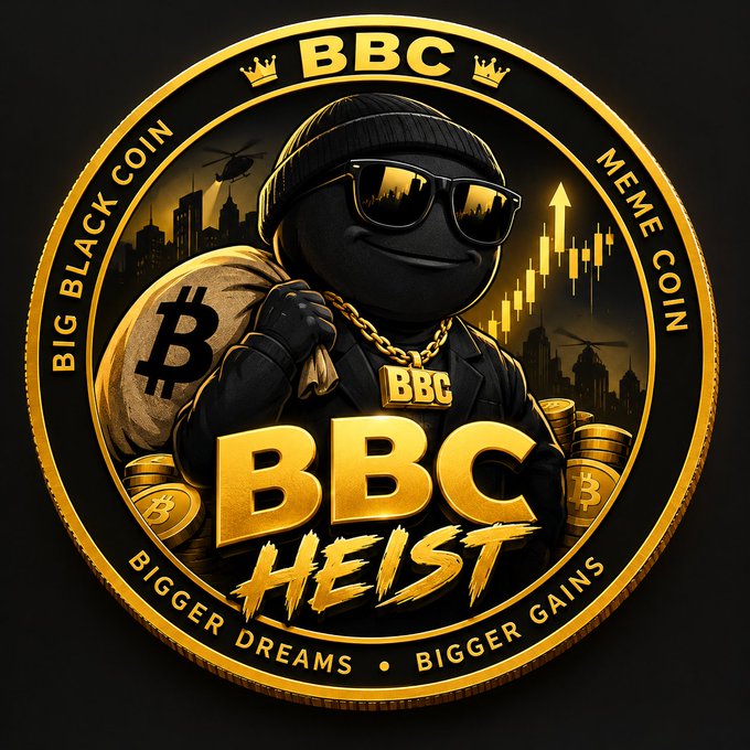 A golden coin-style logo featuring a character in a ski mask and sunglasses with text 'BBC', 'BIG BLACK COIN', 'MEME COIN', and 'BIGGER DREAMS • BIGGER GAINS'.