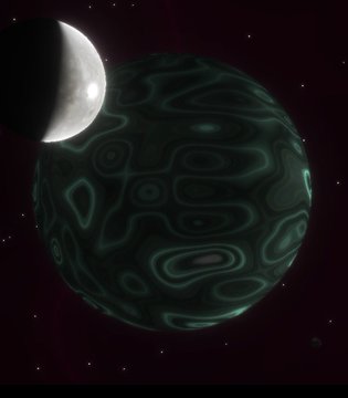 A dark, space-themed image showing a large textured planet with a crescent moon and scattered stars in the background.