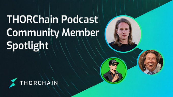 Promotional graphic for the THORChain Podcast's "Community Member Spotlight" episode, featuring the THORChain logo alongside portraits of guest anarchy_dot_gov from Pirate Chain ($ARRR) and hosts KentonC137 and patriotsounds, airing Saturday at 10AM EDT/2PM UTC.