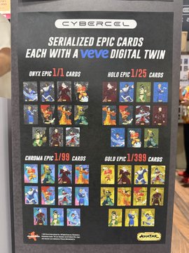 A poster for CYBERCEL "Serialized Epic Cards each with a veve digital twin," displaying collections including Onyx, Holo, Chrome, and Gold Epic cards.