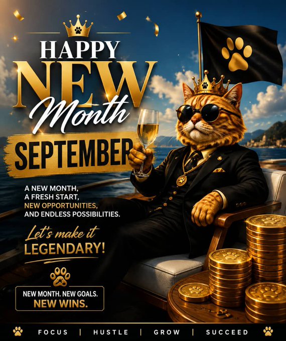 A 'Happy New Month September' graphic featuring a wealthy orange tabby cat wearing sunglasses and a gold crown, holding champagne, surrounded by gold coins and a black flag with a paw print.