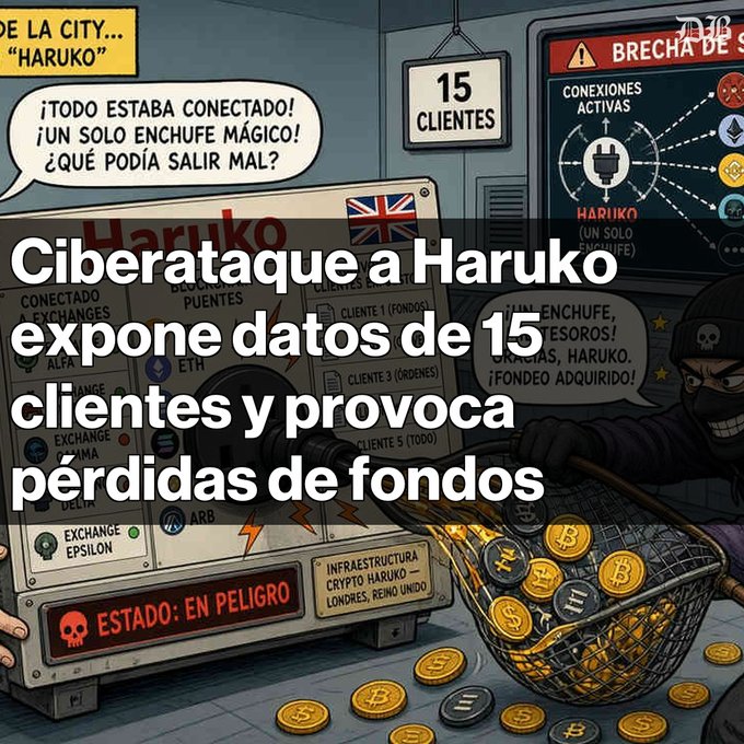 An illustrated graphic in Spanish about a cyberattack on 'Haruko', titled 'Ciberataque a Haruko expone datos de 15 clientes y provoca pérdidas de fondos', showing a thief stealing cryptocurrency coins.