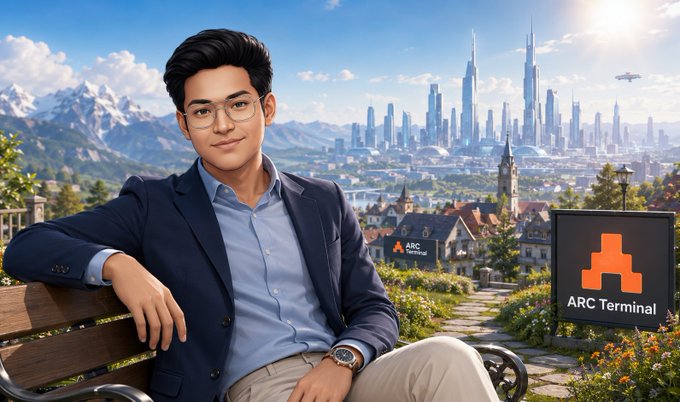An AI-generated image showing a young man with glasses in a navy blazer sitting on a bench with a futuristic city skyline in the background, alongside an 'ARC Terminal' logo.