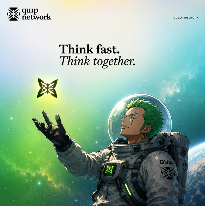 The image features an illustration of a man dressed as a character from a video game wearing a spacesuit while holding a butterfly. The background of the image is filled with stars and planets, creating a space-themed atmosphere. The caption below the image reads "Think fast. Think together." This message seems to be related to the gaming world or space exploration theme of the illustration.