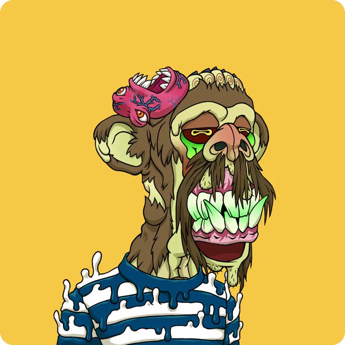 The image features a cartoon monkey with a face painted on its head, wearing a blue and white striped shirt that has white splotches all over it. The monkey's mouth is wide open, revealing teeth that are yellowed and stained. The background of the image is yellow, which contrasts with the blue and white colors of the monkey's outfit. There is also text in the image that reads "+1 Mayc My first M2 @BeanieGangg".