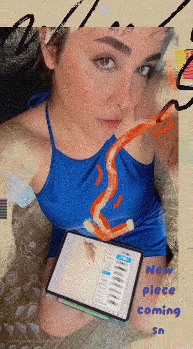 A stylized selfie of a woman in a blue top holding a tablet, with painted orange swirls and text reading 'New piece coming sn' overlaid on the image.