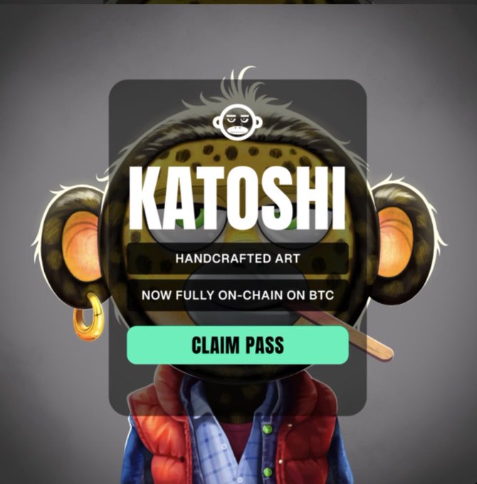 A stylized monkey NFT named "KATOSHI" is advertised as "HANDCRAFTED ART" with the tagline "NOW FULLY ON-CHAIN ON BTC," featuring a "CLAIM PASS" button. The image contrasts with the post's focus on Ethereum collecting, highlighting an alternative Bitcoin on-chain NFT collection.