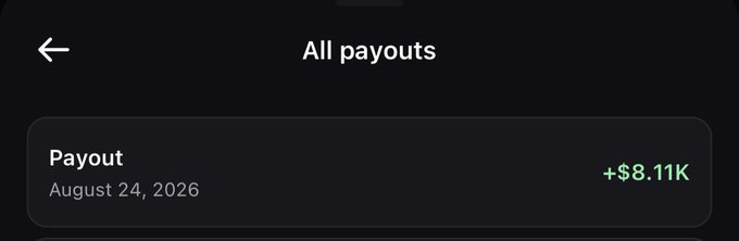 A screenshot from the Pumpfun app showing an "All payouts" page with a single payout of "+$8.11K" listed under August 24, 2026. The image supports the post's boast about earning $8,000 from coin calls, visualizing the payout that the user is celebrating.