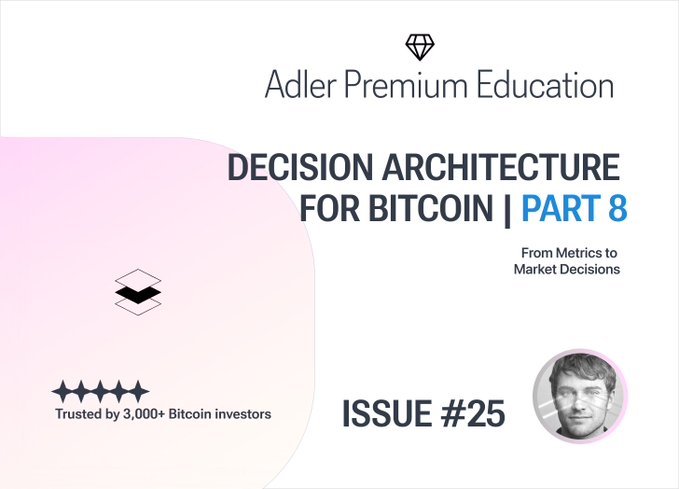 A promotional cover for "Decision Architecture for Bitcoin | Part 8: From Metrics to Market Decisions" from Adler Premium Education's Issue #25, featuring a black-and-white headshot of the author and noting the service is "Trusted by 3,000+ Bitcoin investors." The cover visually introduces the new educational installment on translating on-chain signals into market verdicts, aligning with the post's call for learning analysis fundamentals during a quiet market range.