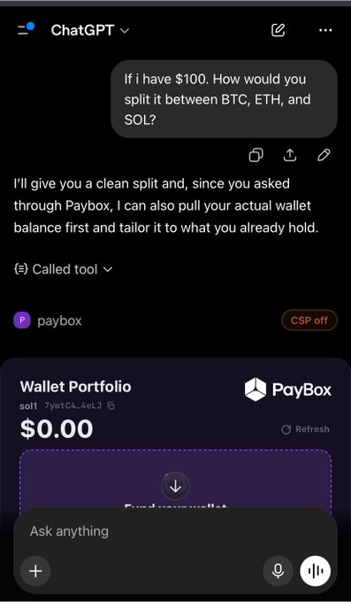 A ChatGPT interface displays a user asking 'If i have $100. How would you split it between BTC, ETH, and SOL?' and the AI responding that it will provide a clean split while calling a 'paybox' tool to check wallet balance, showing a $0.00 portfolio.