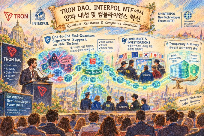 An illustrated event banner for the '5th INTERPOL New Technologies Forum (NTF)' featuring TRON DAO branding, with sections on 'End-to-End Post-Quantum Signature Support on Nile Testnet' and 'Compliance & Investigations'.
