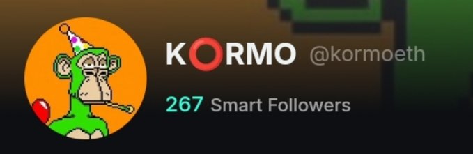 A social media profile banner for 'KORMO @kormoeth' displays a cartoon monkey with a paintbrush against an orange circle, noting '267 Smart Followers' on a green pixelated background.