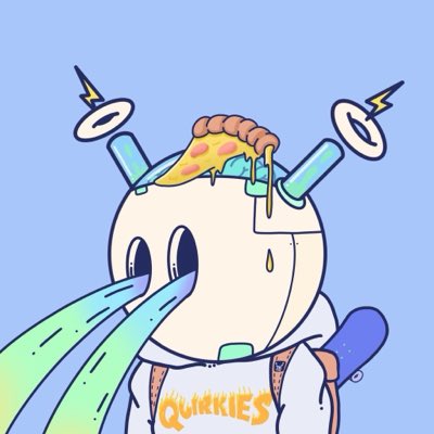 An illustration of a crying robot-like character labeled 'QUIRKIES' with pizza and lightning bolts on its head, set against a light blue background.
