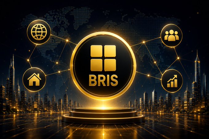 A glowing golden logo for 'BRIS' sits at the center of a circular hub connected to icons representing web, people, home, and analytics, set against a city skyline and world map backdrop.
