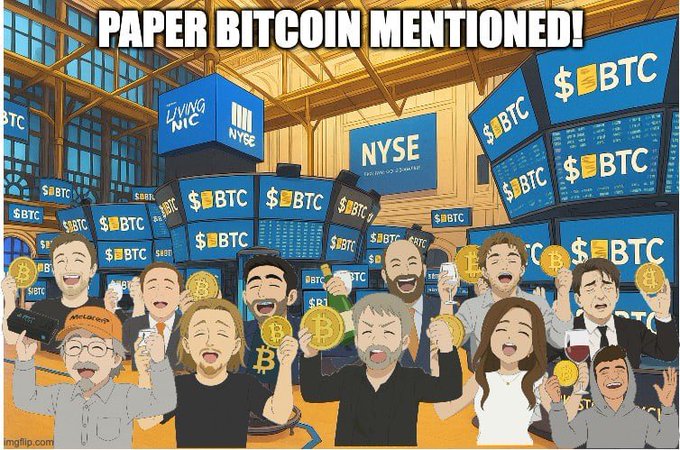 A meme image captioned 'PAPER BITCOIN MENTIONED!' depicting an anime-style illustration of excited people at the NYSE stock exchange holding Bitcoin-related signs with BTC symbols.