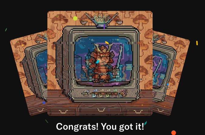 The image features a cartoon character sitting on top of an old television set, with a caption below that reads "Congratulations! You got it!". The text also includes the names of the people who created this image, which are @RaulCasilas and @opensea Regens & Friends.