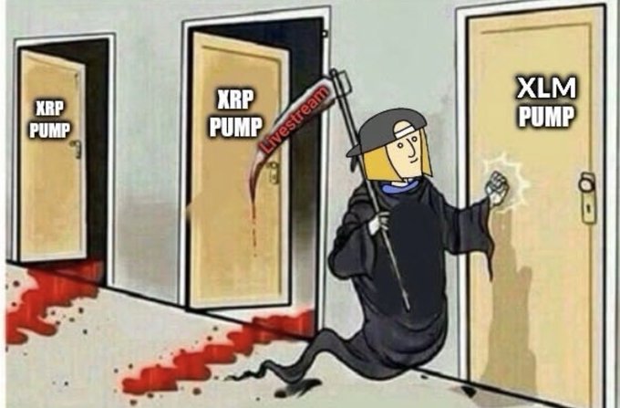 The image features a cartoon depiction of a person dressed as a ghost, holding a pipe with red paint dripping from it. The scene takes place in front of three doors, each labeled with different names such as "XLM Pump", "XRP Pump", and "Live Stream". The caption to the image reads: "XRP FAM I think we are finally free".