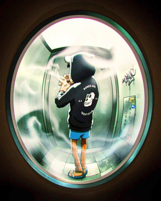 A hooded figure wearing a "BORED APE YACHT CLUB" hoodie and shorts smokes a cigarette while standing inside a graffiti-tagged elevator, viewed through a porthole window filled with haze. The BAYC branding ties into the post's theme of revaluing creator contributions in the digital economy, with the solitary, anonymous figure symbolizing the often-unseen creators generating value.