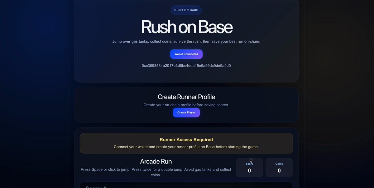 A screenshot of a landing page for the Rush On Base game, which is described as a 'runners guide' or a 'runner tutorial'. It features an instructional design, including text boxes providing information about the game's features. The title reads " Rush on Base", and there are two other words at the bottom that could be related to certain aspects of the gameplay: "Game hub" and "Base".