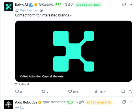 The image shows an X post from Kaito AI (@KaitoAI) with 662 likes, featuring a large teal "X" logo on a black background and the text "Kaito | Attention Capital Markets" with a link to "Contact form for interested brands." Below it is a brief reply mention of @axisrobotics (Axis Robotics, ticker $5379), which the accompanying text identifies as the first project featured on Kaito's newly launched Kaito Catalyst rewards program for content creators.