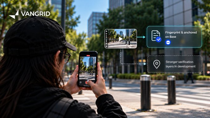 A VANGRID promotional image showing a person using a smartphone to record video in a city, with overlays noting 'Fingerprint & anchored on Base' and 'Stronger verification layers in development'.