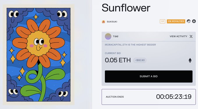 The image shows an NFT auction listing for "Sunflower" by Sukisuki, registered on Transient Labs, with a current bid of 0.05 ETH (~$92.90) placed by IRORACAPITAL.ETH and an auction countdown timer showing 00:05:23:19 remaining, aligning with the post celebrating the artwork's first bid.