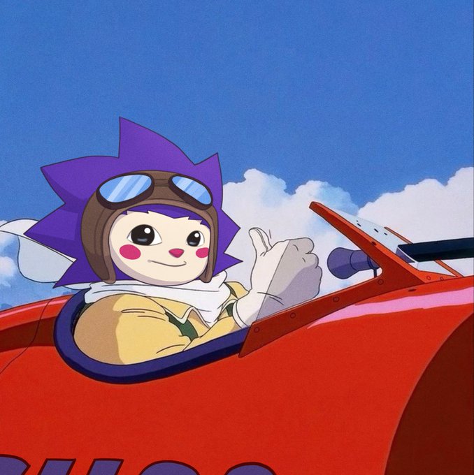 An anime-style character with purple spiky hair, wearing an aviator hat with goggles, gives a thumbs-up from the cockpit of a red airplane against a blue sky.