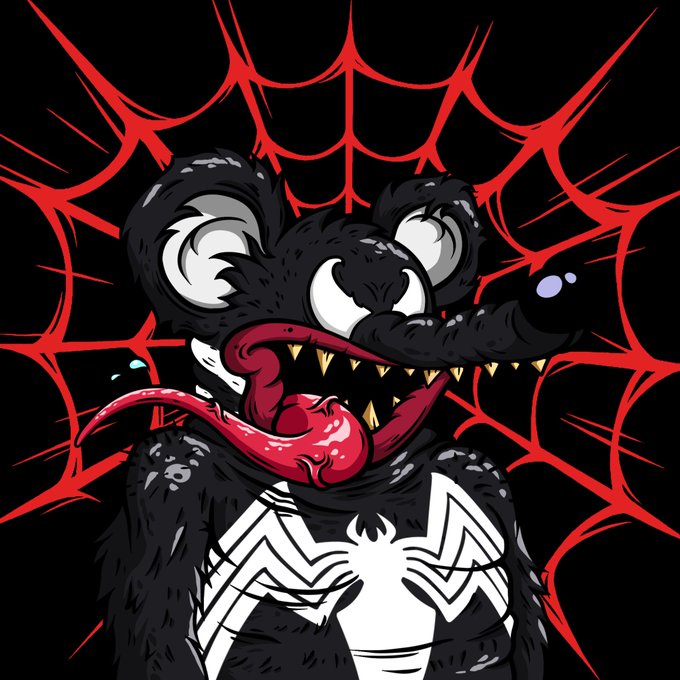 A cartoonish black furry creature resembling a monstrous Venom-like character with a long tongue, sharp teeth, and a white spider emblem on its chest is set against a red spider web background, illustrating the "Monsters" NFT collection promoted in the post.