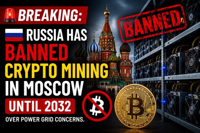 The image is a "BREAKING" news graphic announcing "RUSSIA HAS BANNED CRYPTO MINING IN MOSCOW UNTIL 2032" over "POWER GRID CONCERNS," featuring the Russian flag, a "BANNED" stamp, St. Basil's Cathedral, a Bitcoin logo with a prohibition symbol, and a crypto mining rig. The accompanying post describes the same news about Russia extending its ban on cryptocurrency mining in Moscow until 2032 due to power grid concerns, directly aligning with the headline and imagery shown.
