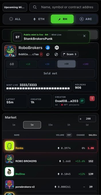 The image shows a mobile crypto/NFT marketplace interface displaying the "StonkBrokersPunk" NFT collection by RoboBrokers, marked with a "Scam 5" warning and showing it sold out with 906 holders at 0.3974 ETH.

The post about FOMO (Fear of Missing Out) in the NFT space directly ties to this screenshot of a sold-out NFT project, illustrating the kind of hyped, limited-availability drops that often trigger impulse buying—though the prominent "Scam" warning here highlights why that itch can be dangerous.