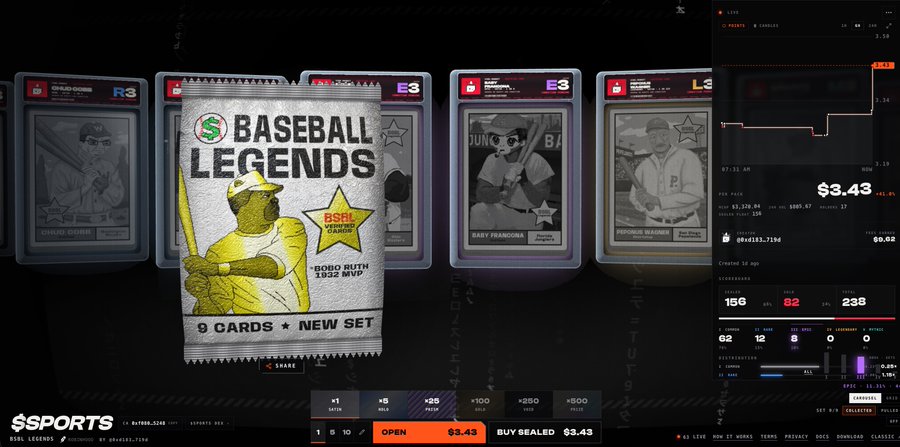 The image shows a digital storefront for "Sports Illustrated Baseball Legends" with a $3.43 price tag, displaying digital trading cards of baseball legends like Babe Ruth, Barry Franks, and Honus Wagner, along with a "Share" and "Open" button for sealed packs. The "GIVEAWAY TIME?? DROP ADDRESS" caption suggests the poster is running a giveaway for one of these $3.43 baseball card packs and is asking followers to drop their wallet addresses to participate.