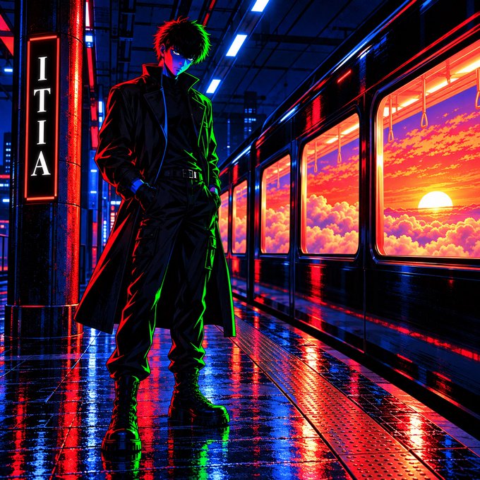 Anime-style artwork of a character in a long black coat standing on a neon-lit train platform with a sunset visible through the train windows.