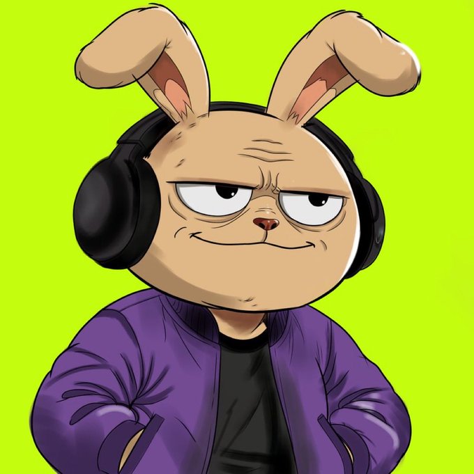 An illustrated cartoon character featuring a grumpy-looking rabbit head with long ears wearing black headphones and a purple bomber jacket over a black shirt, set against a bright green background.