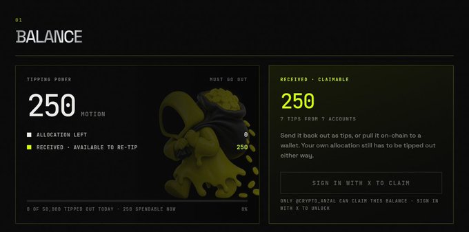 A dark-themed dashboard interface titled 'BALANCE' showing a 'TIPPING POWER' of 250 MOTION, with sections for 'ALLOCATION LEFT' and 'RECEIVED - CLAIMABLE' displaying a yellow octopus-like graphic.