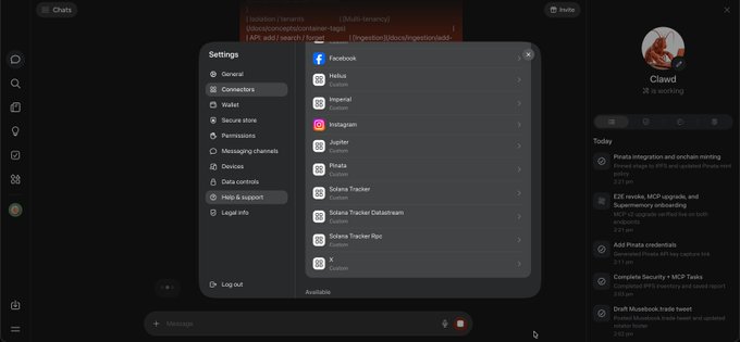 A dark-themed software interface showing a Settings menu with available integrations like Facebook, Helius, and Instagram, alongside a user profile labeled 'Clawd' with a list of today's tasks.