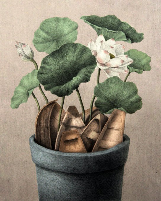 A colored pencil illustration of a lotus plant with green leaves and white/pink flowers growing out of a pot filled with broken terracotta pieces.