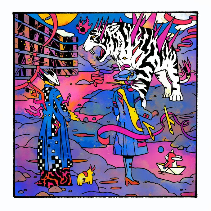 A vibrant, psychedelic illustration featuring a fierce white tiger with black stripes surrounded by pink lightning bolts, two surreal figures in colorful patterned coats, and small animal companions including a fox in a paper boat, all set against a swirling pink and blue dreamlike landscape—likely the artwork "The Ivory Math" by artist Lewes Herriot.