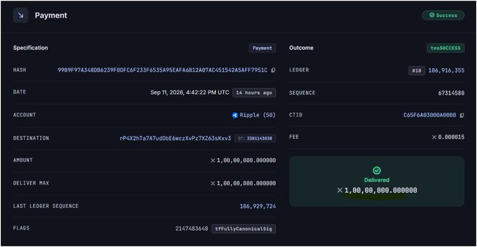 A digital payment confirmation screen showing a 'Success' status for a transaction of 1,000,000,000.000000 XRP (Ripple) from one Ripple account to another, timestamped September 11, 2026.