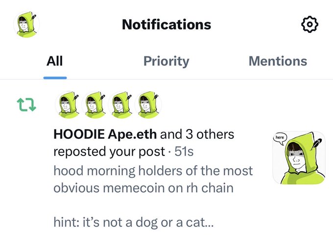 A social media notifications screen showing that HOODIE Ape.eth and 3 others reposted a post saying 'hood morning holders of the most obvious memecoin on rh chain — hint: it's not a dog or a cat...'