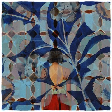 A geometric, cubist-style painting of a figure with a cat, composed of blue, brown, and beige fragmented shapes.