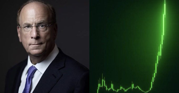 The man in the image appears to be BlackRock CEO Larry Fink, paired with a green line graph showing a sharp upward trend—symbolizing the aggressive crypto ETF inflows highlighted in the post, including $606M in Bitcoin, $220.7M in Ethereum, $14.5M in Solana, and $13.2M in XRP.