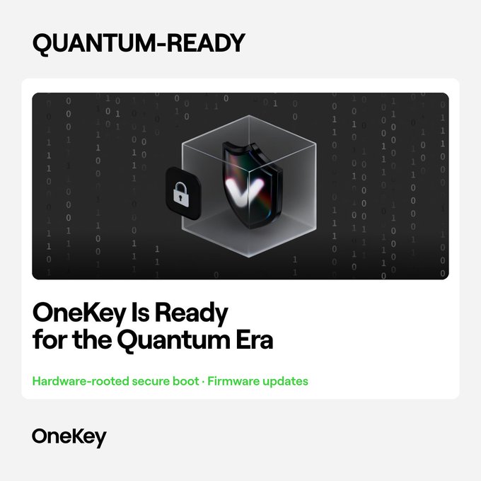 A promotional graphic for 'OneKey' reads 'QUANTUM-READY' and 'OneKey Is Ready for the Quantum Era,' featuring a shield icon within a cube and highlighting 'Hardware-rooted secure boot · Firmware updates.'