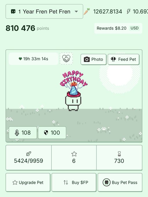 A pixel-art virtual pet app screenshot showing a '1 Year Fren Pet Fren' celebrating a birthday with a 'HAPPY BIRTHDAY' hat, 810,476 points, and rewards of $8.20 USD.