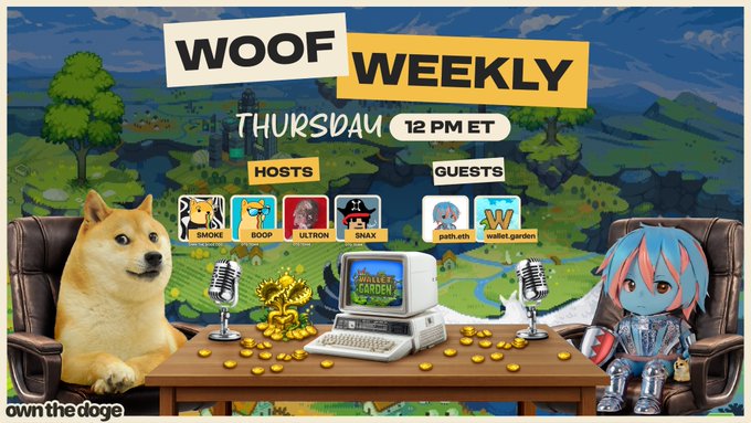 A promotional graphic for "WOOF WEEKLY" airing Thursday at 12 PM ET, featuring hosts Smoke, Boop, Ultron, and Snax with guests "path.eth" and "wallet.garden," displayed with a Doge meme character and an anime-style avatar sitting in leather chairs around a table with a vintage computer and DogeCoin figurines. The image illustrates the 236th episode announcement highlighting Wallet Garden as the featured platform.