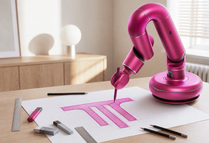 A 3D rendering of a pink robotic arm drawing the Greek letter pi (π) in pink on a piece of paper on a wooden desk, surrounded by art supplies like pencils and a ruler.