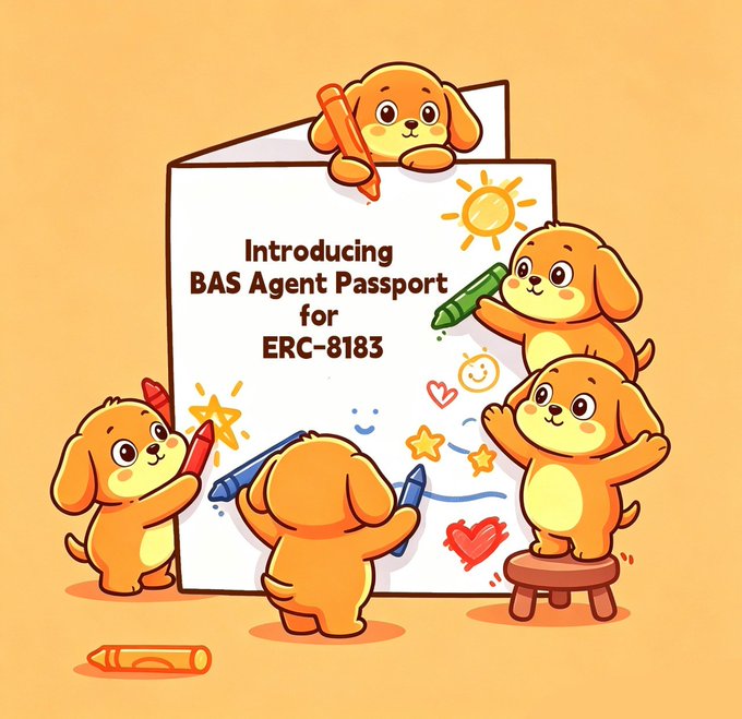 A cheerful illustration features cute cartoon puppies gathered around a large white card displaying the text "Introducing BAS Agent Passport for ERC-8183," with the puppies holding crayons and decorating the card with drawings of suns, stars, and hearts. The whimsical artwork visually represents the launch announcement of the BAS Agent Passport, an analytics and reputation dashboard for the ERC-8183 Agent Economy.
